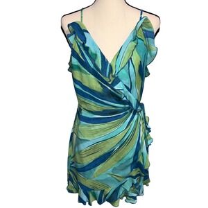 Abstract Tropical Ruffle Wrap Dress Summer Beach Womens Medium Blue Green H&M